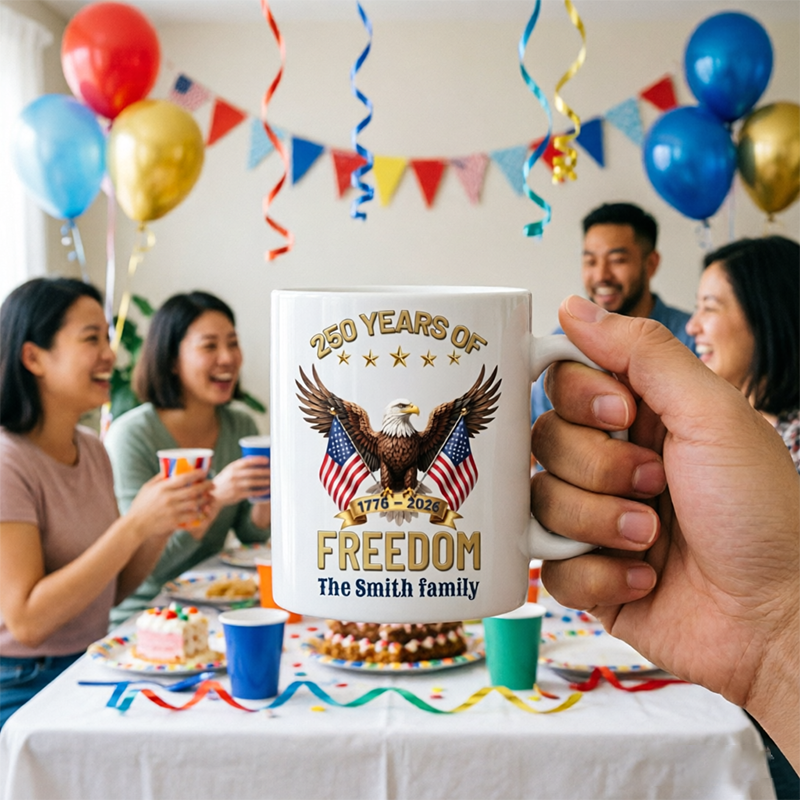 250 Years of USA Freedom, Custom Personalized Ceramic Mug with American Flag Eagle Design & Family Name, Ideal for Patriotic Families, Great for Independence Day & Home Gatherings