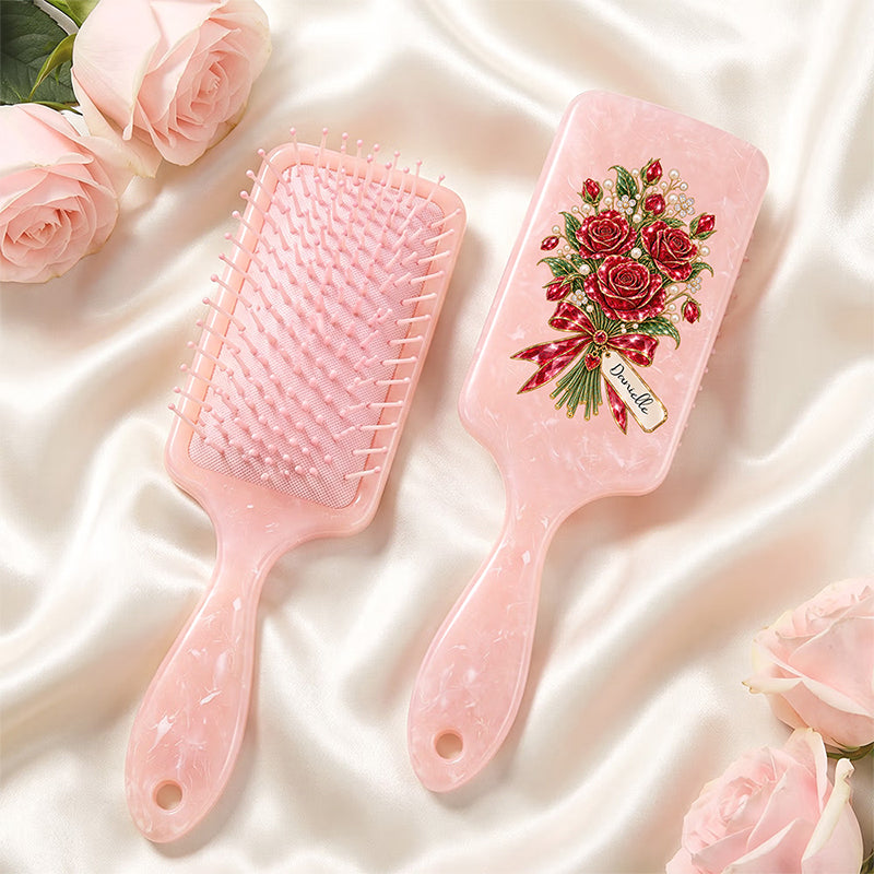 Personalized Gemstone Effect Birth Flower Hair Brush with Name Daily Use Anniversary Birthday Gift for Women Girls
