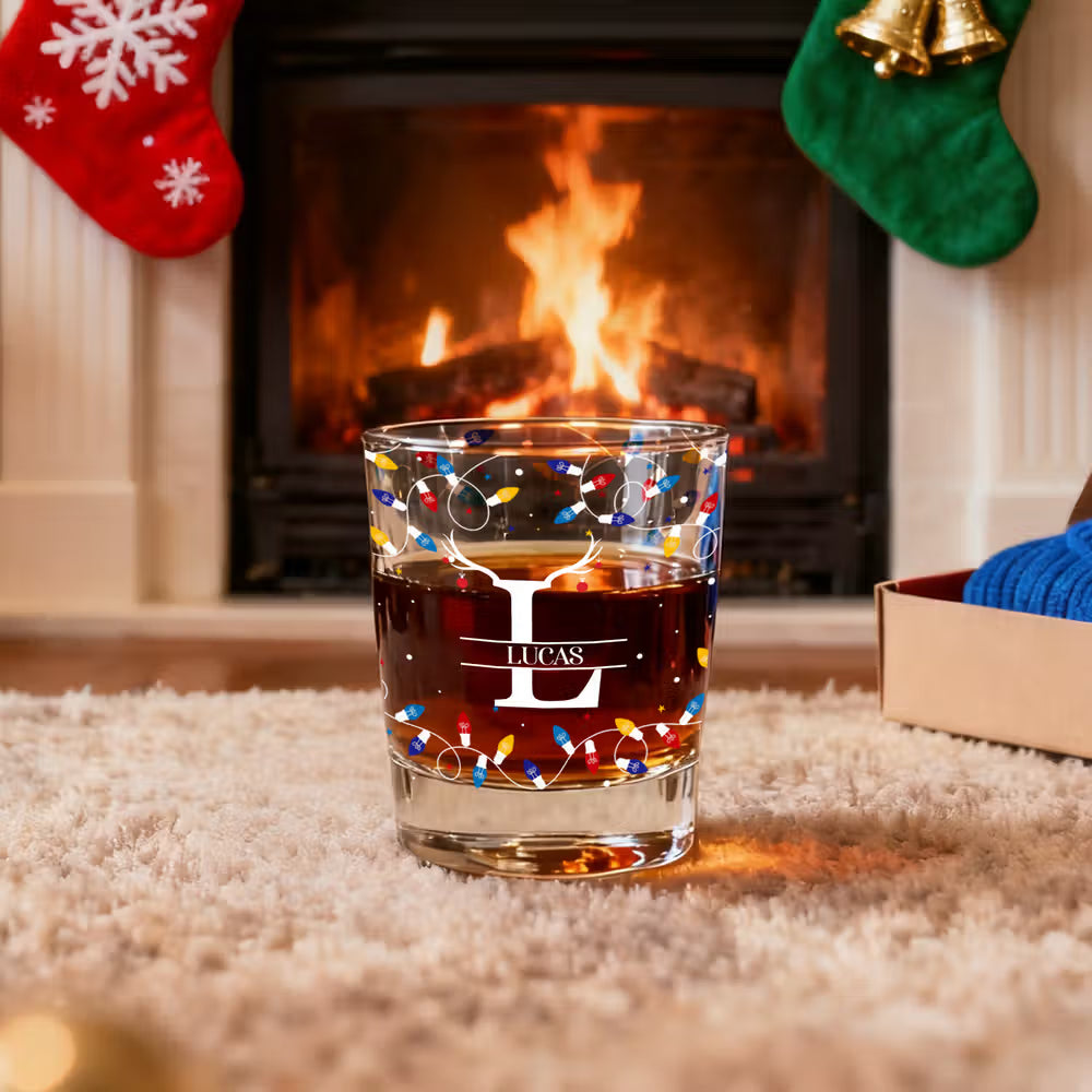 Personalized Christmas Hat Reindeer Antlers Floral Initial Lights 10 oz Whiskey Glass with Name Anniversary Christmas Gift for Dad Whiskey Lover