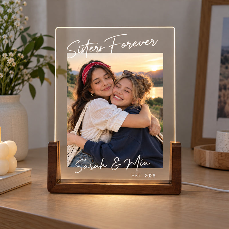 Personalized Photo LED Acrylic Night Light with Name Year and Wooden Base Home Decor Birthday Gift for Sisters, Best Friend