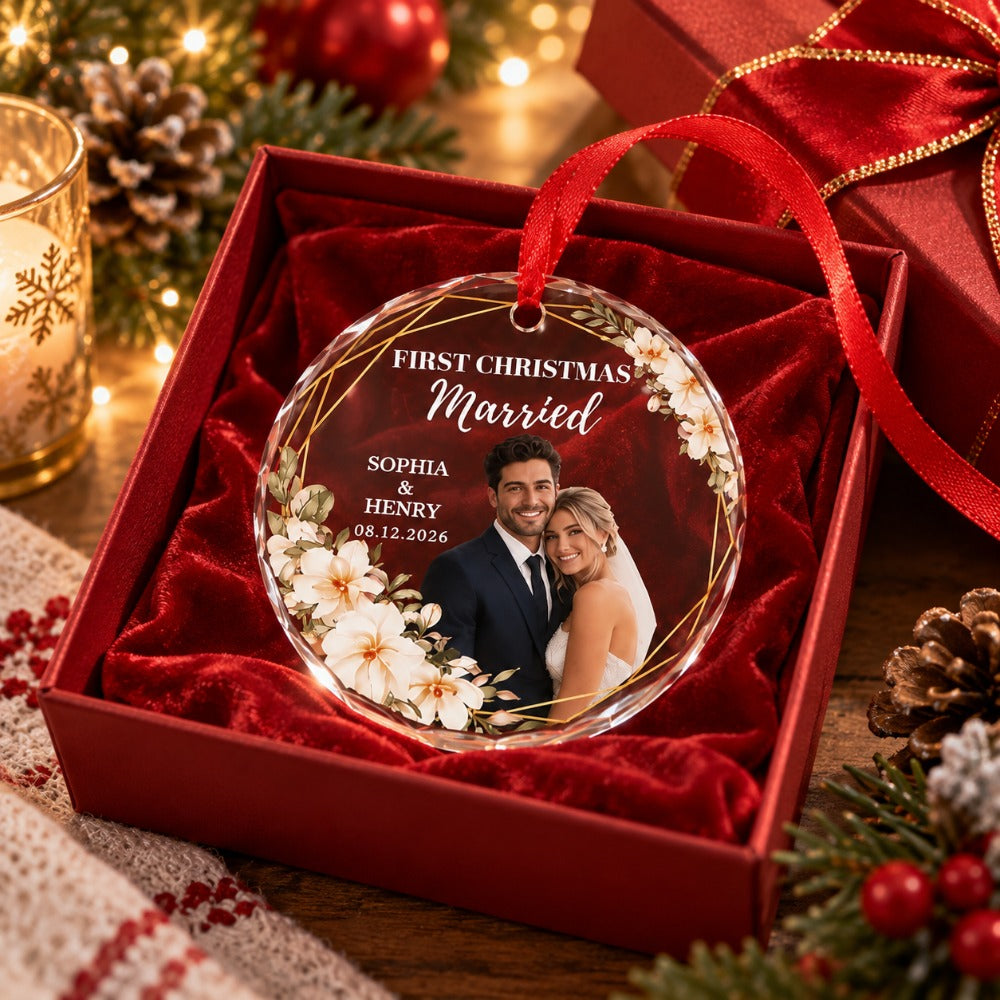 Custom Photo First Christmas Round Glass Ornament - Personalized Anniversary Christmas Wedding Gifts For Couple, Husband, Wife - Wrapped In Love This Christmas