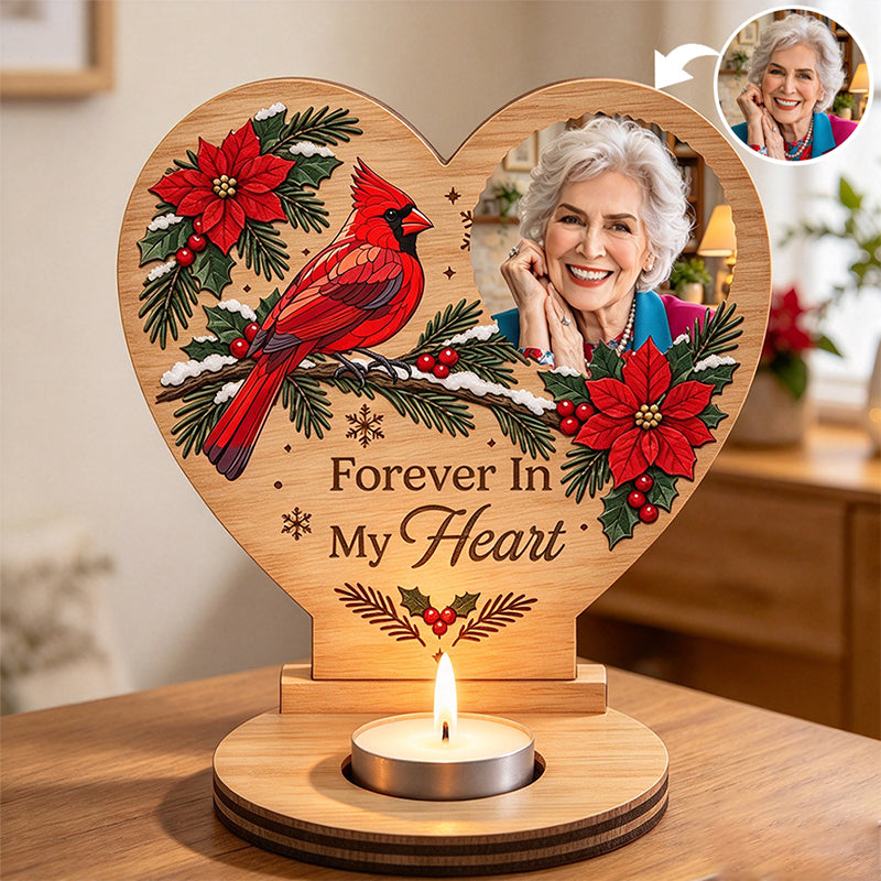 Personalized Wooden Candle Holder with Cardinal and Winter Greenery, Unique Memorial Gift for Family