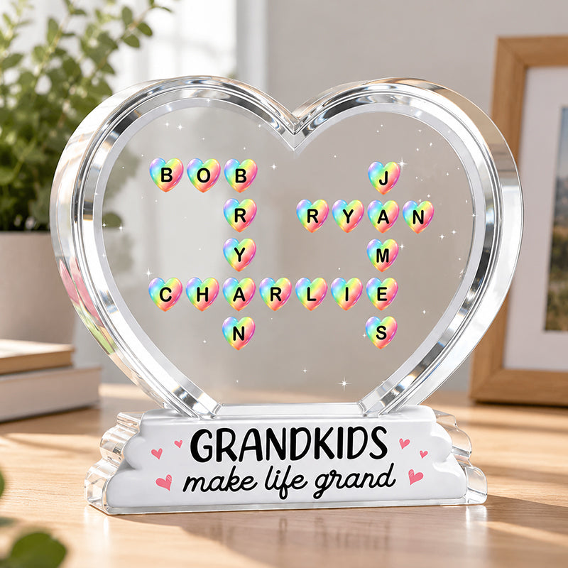 Grandkids Make Life Grand Crossword Puzzle Art Colorful Hearts 2D Flat - Personalized Acrylic Block Plaque - Gift For Grandma