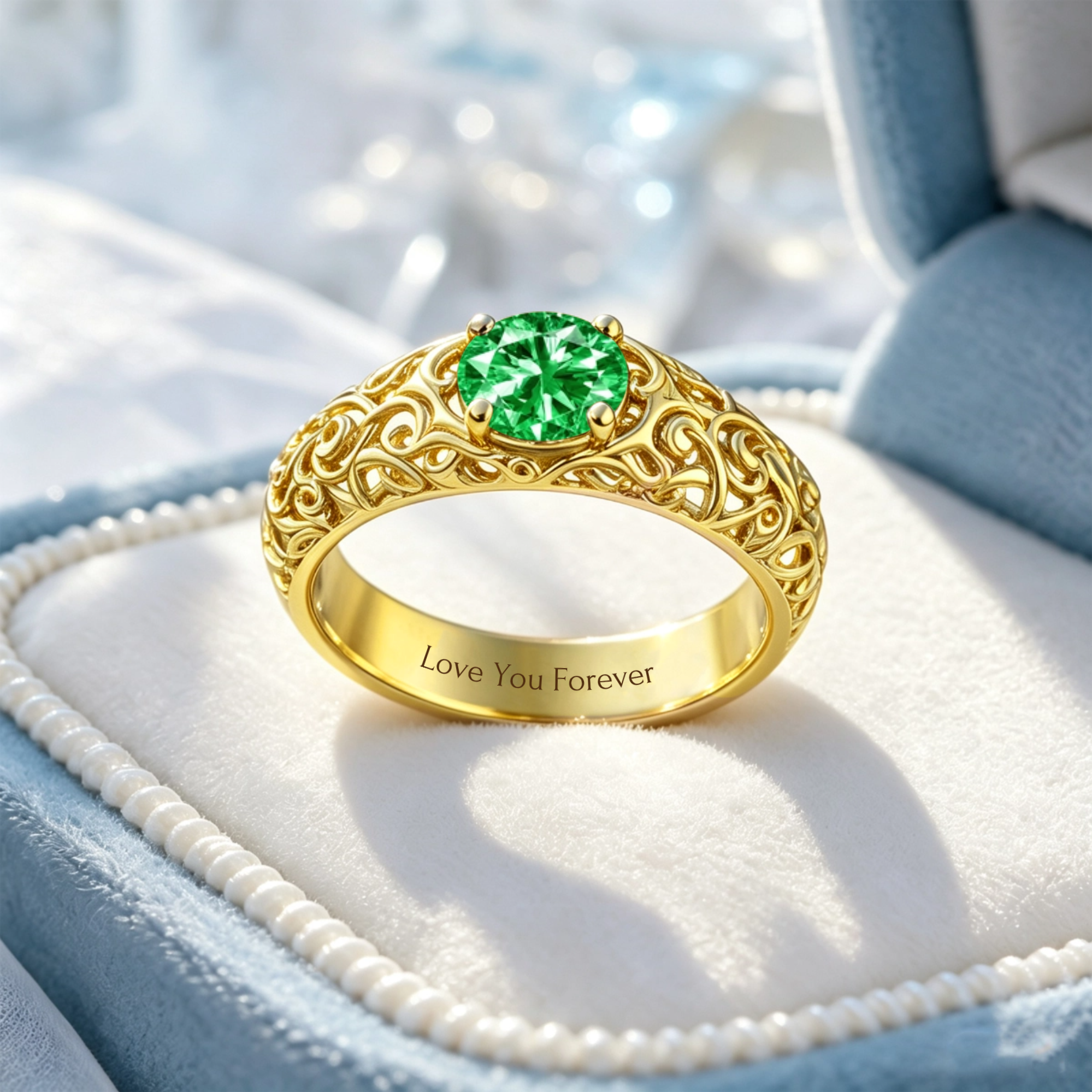 Personalized Engraved Vintage Filigree Birthstone Ring, Custom Engraving Text & Birthstone Selection By Birthday, Exquisite Gift For Lovers, Mothers And Grandmothers